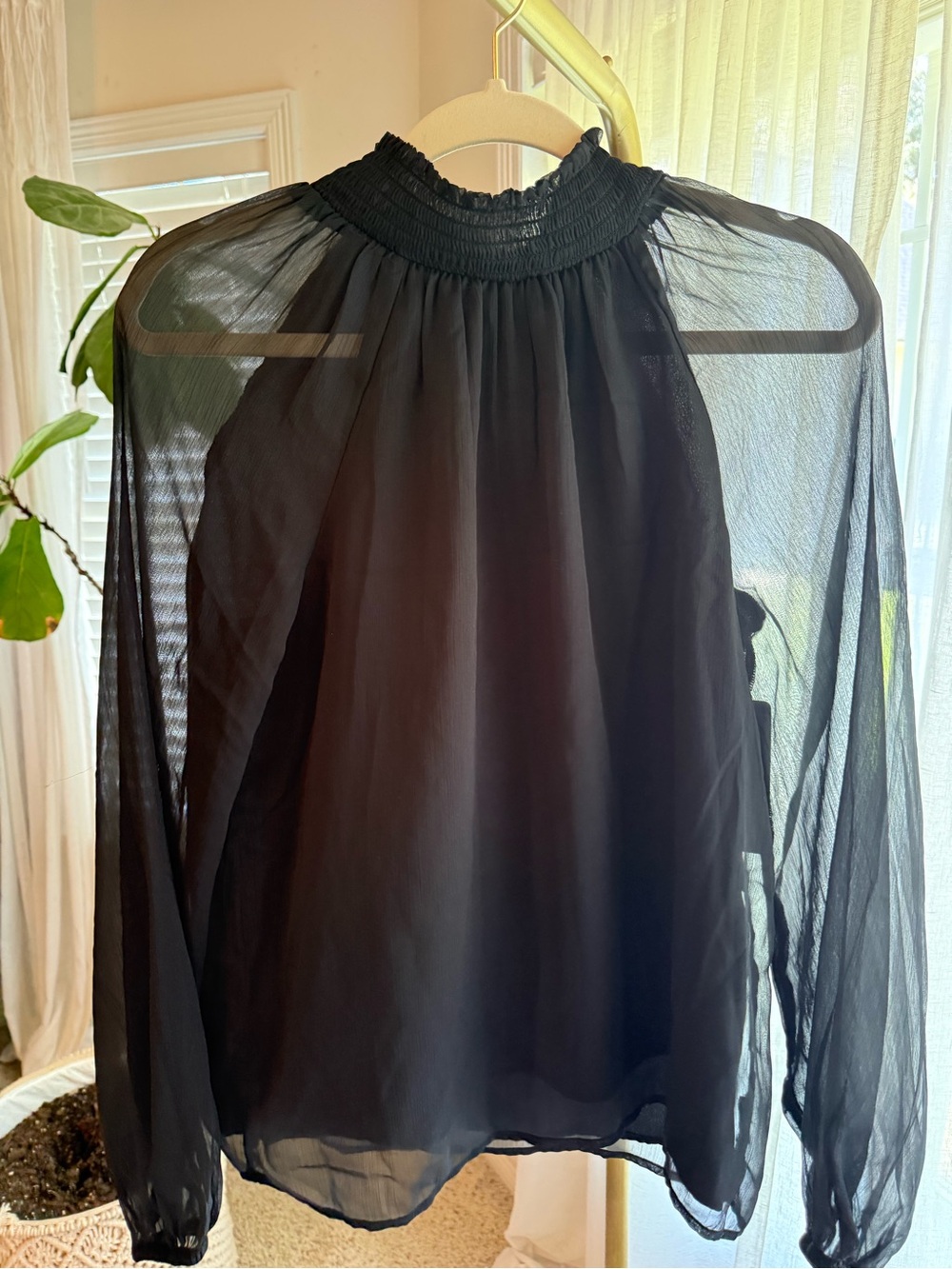 Joie Black Sheer Smocked-Neck Long-Sleeve Blouse